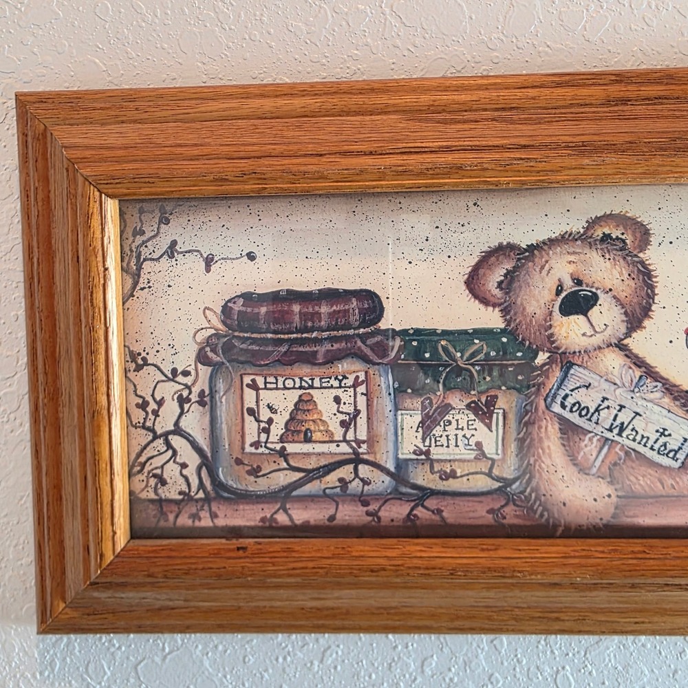 Vintage Mary Ann June Country Kitchen Oak Framed Art Primitive Teddy Bear - Picture 2 of 7